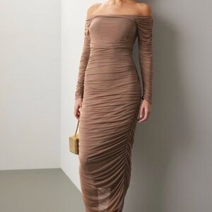 CAROLINE CONSTAS Tara Midi Dress Ruched Mesh Bodycon Indie Sleaze Light Brown M